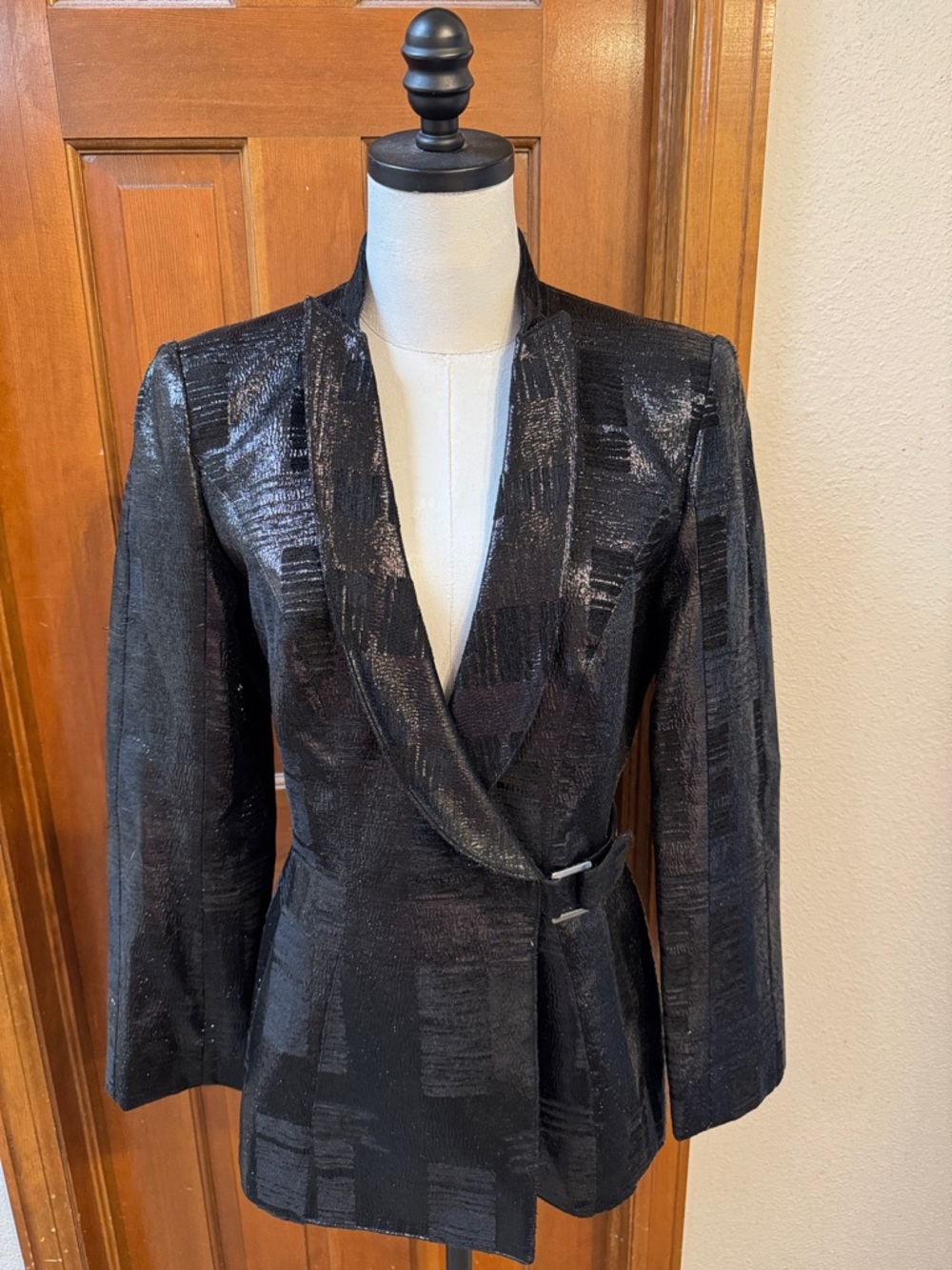 Mugler Black Textured Metallic Wrap Blazer Size 40
